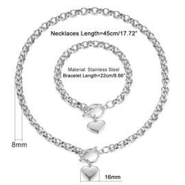 LKingel Silver Puffs Heart Shape Bracelet for Women Silver Heart Pendant Bracelet Punky Pledge Bracelet Set Dainty Chunky Link Chain Bracelet for Women (Silver bracelet)