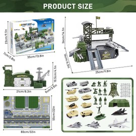 Chidiam Military Base Set Army Toys Playset with Army Men Action Figures, Helicopter, Military Vehicle, Army Tank Airplane Vehicles Accessories and Play Map for 3 4 5 6 7 8 Year Old Boys Girls Kids