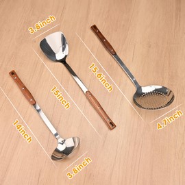 FJNATINH 3Pack Stainless Steel Kitchen Utensils Set with Wooden Handle, Wok Spatula & Ladle & Skimmer Spoon for Turning, Cooking, Serving, Soup, Draining