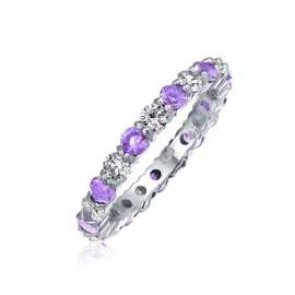 Cubic Zirconia Purple White Alternating Stackable CZ Eternity Band Ring For Women Simulated Amethyst .925 Sterling Silver February Birth Month