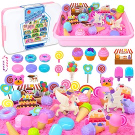 SMILESSKIDDO Play Sand Kit - Ice Cream Sensory Bin Toy for Kids with 2.2lb Magic Sands, Ice Cream Molds and Cleaning Tools, Unicorn Tactile Toys for Kids 3-8