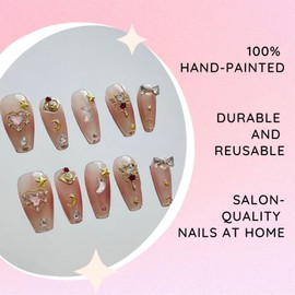 100% Hand-painted Cute Galaxy Anime Medium Length Square Y2K Korean Japanese Douyin Inspired 3D Short Gemstones Durable Reusable Gel Acrylic Press-on Nails 10 pc set (XS)