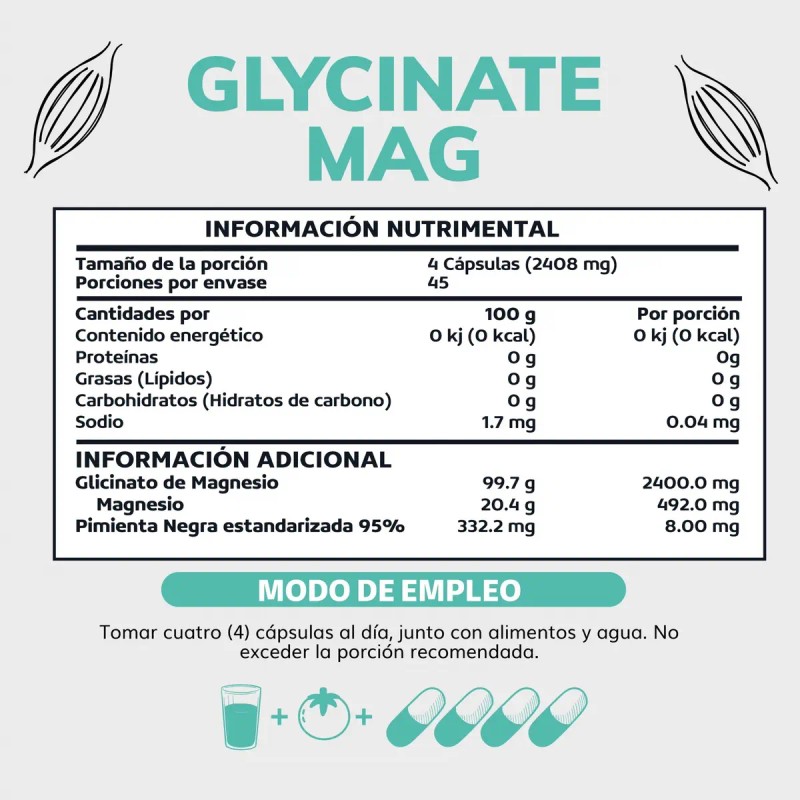 Glicinato Magnesio 492mg Alta Absorción Piperina Pimienta Negra Bisglicinato Complex