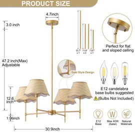 Giutna 31" Large Rattan Hand-Woven Chandelier, 4-Light Rattan Boho Large Pendant Light Fixture Wicker Dining Room Ceiling Light Fixture Chandelier Adjustable for Kitchen Island Hallway Living Room