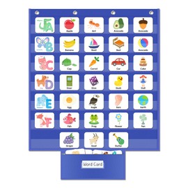 AKAYOK Standard Pocket Charts for Classroom, Clear 7 Pockets Words Chart with Extra Zip Pocket for School Home Office Fits Standard 3” Sentence Strips, Word Cards, Calendar, Visual Schedule (Blue)