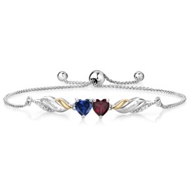 Gem Stone King 925 Silver and 10K Yellow Gold Blue Created Sapphire Red Rhodolite Garnet and White Lab Grown Diamond Tennis Bracelet For Women (1.07 Cttw, Fully Adjustable Up to 9 Inch)