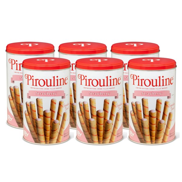 Pirouline Rolled Wafers – Strawberry – Rolled Wafer Sticks, Crème Filled Wafers, Rolled Cookies for Coffee, Tea, Ice Cream, Snacks, Parties, Gifts, and More – 14.1oz Tin 6 Pack