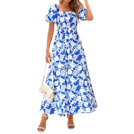 BTFBM Womens Summer 2025 Casual Maxi Dresses Short Sleeve Smocked Tiered Floral Boho Long Beach Dress with Pockets(Floral Blue White,Large)