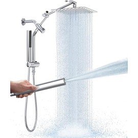 Veken 10" Luxurious Rain Shower Head with Handheld, High Pressure Rainfall Shower Heads wih Extension Arm, Wide Dual Showerhead with Spray Combo, Bathroom Accessories, Chrome, Silver