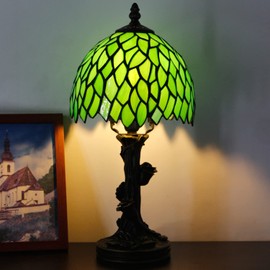 Small Tiffany Lamp Stained Glass Table Lamp Green Wisteria Leaves Style Bedside Desk Light Mini Accent Desk Memory Lamp 8X15 Inch