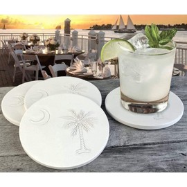 Absorbent Palmetto & Moon Drink Coaster set Handmade by McCarter Coasters for Beach House, Tabletop Protection, House Warming - Hot or Cold Beverages 4.38" Off-White (4pc)