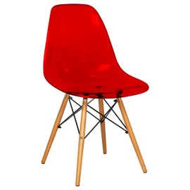 LeisureMod Dover Plastic Molded Dining Side Chair with Wood Dowel Legs (Transparent Red)