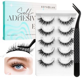 Bepholan Self Adhesive Eyelashes 5 Pairs Natural Look No Glue Need Eyelashes,Press On Lashes,Reuseable Waterproof Fake Eyelashes Wispy with Tweezer of Replacement Adhesive Strips(CVJ221)