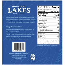 Thousand Lakes Freeze Dried Fruits and Vegetables - Raspberries 2-pack 1.2 ounces (2.4 ounces total) | No Sugar Added | 100% Whole Raspberries