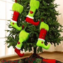 Soulchen 4 Pcs 19.6" Lime Green Faux Fur Christmas Stocking Green Hanging Elf Christmas Stocking Xmas Fireplace Hanging Stockings Gift Holding Bag, for Fireplace Gift Present Xmas Tree Decor