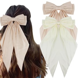 JOYRUBY 2PCS Hair Bows for Women, Big Hair Bows White Hair Bow Clips, Beige Bow for Hair Long Tail Satin Hair Bow for Girl, Large Hair Bows Coquette Bows Bowknot Hair Accessories