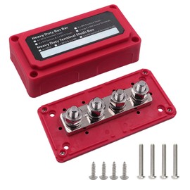 4 x 3/8" (M10) Posts Power Distribution Block Bus Bar, Ampper 12V 300A 4 Studs Waterproof Brass Distribution Block BusBar Kit W/Cover for Auto, Boat, Solar and More (Red)