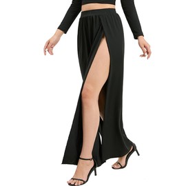 SILUI Women's High Waist Double Slit Sexy Plus Size Thigh Split Flowy Long Maxi Skirt Black