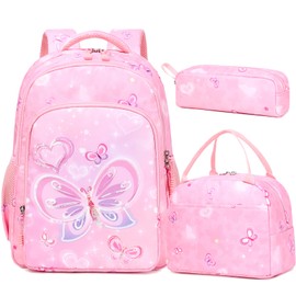 Dafelile Butterfly Backpack for Girls School Bookbag Girls Backpack for Elementary with Lunch Bag Glitter Sequin（Pink）