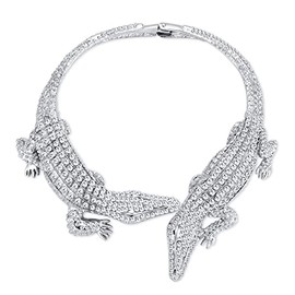 Wellotus Women's Statement Crystal Crocodile Choker Necklace Hip Hop Costume Cocktail Cuff Alligator Party Jewelry (Silver)