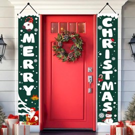 Christmas Porch Sign Set - Extra Large 71"x12" Green Banners, Outdoor & Indoor Xmas Decorations with Snowman, Tree, Candy, and More for Front Door, Wall, Garden, & Home Holiday Decor - Durable,