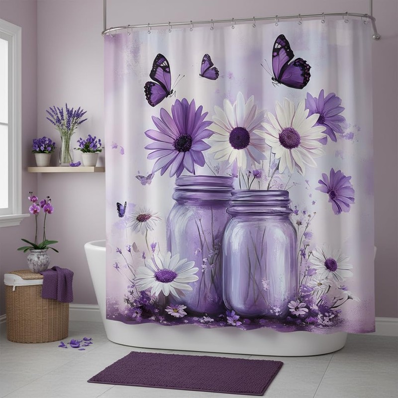 FAXTOZ Rustic Purple Butterfly Daisy Floral Glass Jar Shower Curtain,