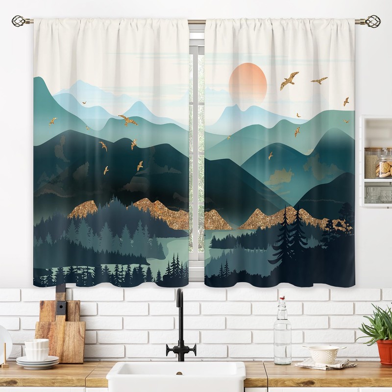 oolygoo Black Grey Misty Forest Small Kitchen Curtains Tree Mountain