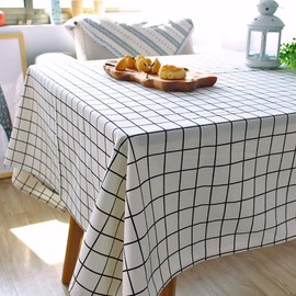 Hodeacc Plaid Tablecloth, Cotton Linen Tablecloth, White/Black Plaid Non-fading, Dustproof, Washable Tablecloth for Kitchen Dining Room Party Wedding 140 x 220 cm