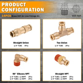 XaXmTee 14 Pcs 1/4" Brass DOT Air Line Fittings Kit 1/8" 1/4" DOT Push Lock Air Fittings NPT Thread & Quick Connect Air Hose Fittings Kit