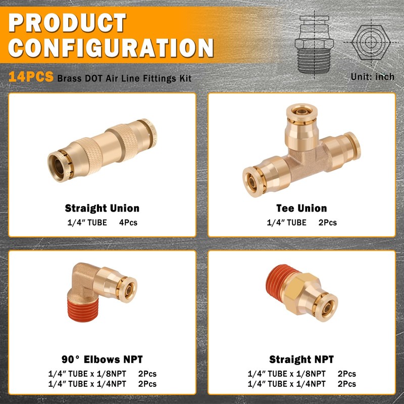XaXmTee 14 Pcs 1/4" Brass DOT Air Line Fittings Kit