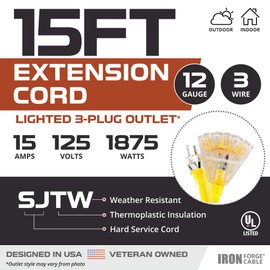 IRON FORGE CABLE 15 Foot Lighted Outdoor Extension Cord with 3 Electrical Power Outlets - 12/3 SJTW Heavy Duty Yellow Extension Cable with 3 Prong Grounded Plug for Safety