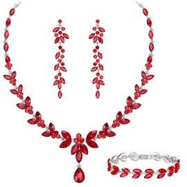 BiBeary Jewellery Set Bridal Women's Leaf Flower Wedding Statement Necklace Long Earrings Set Party Prom, Zirconia