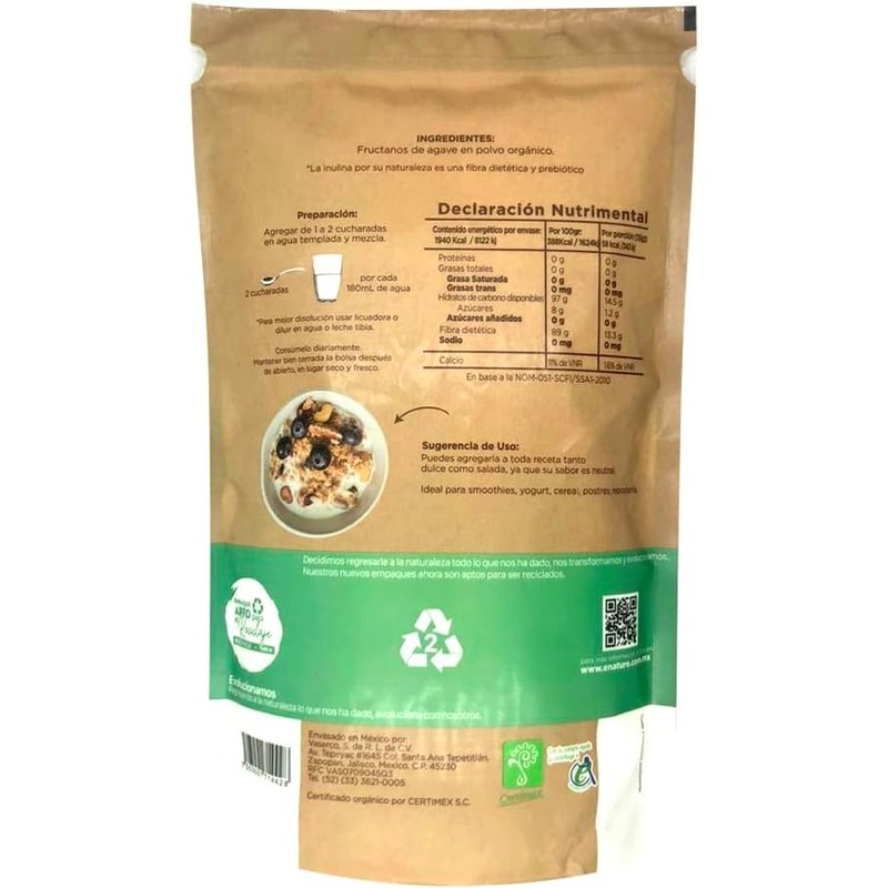 Enature Inulina de Agave Orgánico, Sabor Natural, 500 g