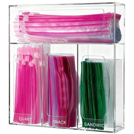 SEANADO Acrylic Zip Bag Storage Organizer, Bamboo Baggie Organizer Dispenser for Kitchen Drawer and Wall Mount，Compatible with Gallon, Quart, Sandwich & Snack Variety Size Bag(Clear)