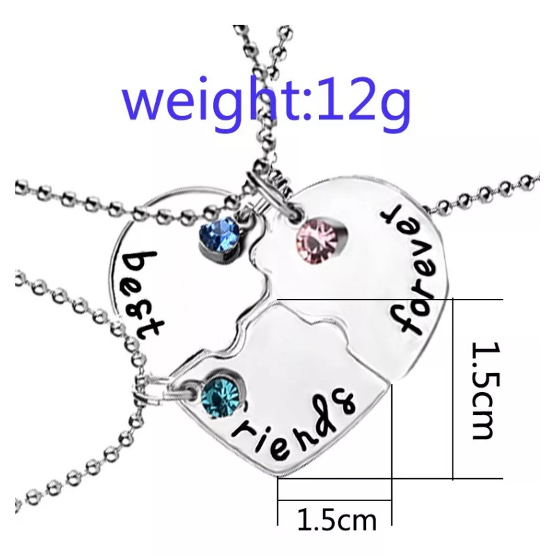 Deluxe 3x Collares Corazón Best Friends Forever Plateados Piedras