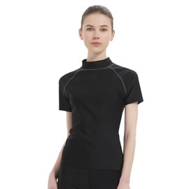 TERODACO Womens Rash Guard UPF 50+ Mock Turtleneck Shirts Short Sleeve Water Shirts Quick Dry Lightweight Base Layer Surfing Fishing Sports Underwear for Women 112 Black Gray Line XXL