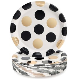 PARTY GO Party Tableware 50 Pieces, Polka Black Gold Paper Plates Children's Birthday Party Tableware Set 23 cm Paper Plates, Paper Tableware for 50 Guests for Birthday Decoration Boys Girls Parties