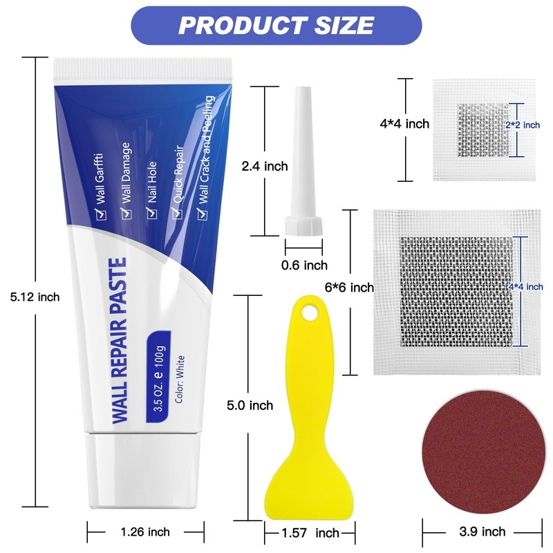 SEISSO Drywall Repair Kit, Wall Mending Agent*3(100g), Wall Patch*4, Scraper