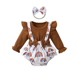 Infant Newborn Baby Girl Romper Dresses Clothes Set Ruffle Long Sleeve Rainbow Print Overall Bodysuit Bow Tie Headband Brown 0-3 Months