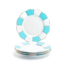 Grace's Teaware Grace Teaware 8" Turquoise Gold Scallop Fine Porcelain Dessert Plate Set of 4