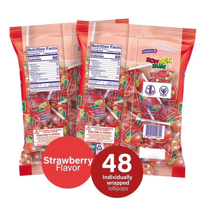Colombina Bon Bon Bum Lollipops w/Bubble Gum Center, Strawberry Flavor,