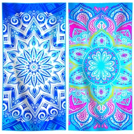 2 Packs Microfiber Lightweight Thin Beach Towel Compact Quick Dry Sandproof Clearance Towels Sand Free Camping Swim Pool Travel Essentials Accessories Vacation Women Men Adults Blue Bohe Flowers