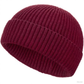Wool Fisherman Beanies for Men Women, Short Knit Fall Winter Warm Beanie, Watch Cap, Cuffed Trawler Hats, Skull Caps Wine Red