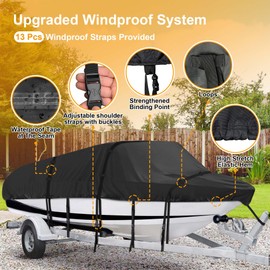 Kipiea Trailerable Boat Cover- 14-16 ft feet Heavy Duty Waterproof Boat Covers, Double PU Waterproof, Fits V-Hull, Fish & Ski, Pro-Style, Fishing, Bass Boats - Black, 14'-16' Long X 90" Wide - Black