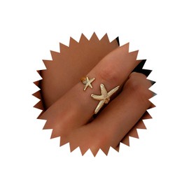 TseenYi Starfish Open Ring Statement Gold Star Ring Vintage Gold Starfish Adjustable Ring Double Starfish Wrap Ring Personality Star Wrap Ring, Gemstone