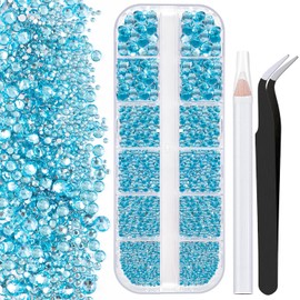 One Pack 2000 Pcs of Flatback Round Lake Blue Rhinestones 6 Sizes (1.5-6 mm) with Nail Art Rhinestone Picker Pencil And Tweezers For DIY And Salon Use