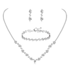 Jstyle Silver Bridal Wedding Jewelry Set Crystal Necklace Bracelet Dangle Earrings Set for Bride Bridesmaid Rhinestone Necklace Prom Costume Jewelry Set Accessories for Women (Set of 3) B