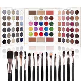 UCANBE- Paleta de maquillaje de sombras de ojos en gris y negro  juego de 15 pinceles, 86 colores mate con brillo, muy pigmentados y de larga duración