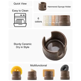 Zoeeker Sink Sponge Holder, Ceramic Dish Sponge Holder for Kitchen Sink Sponge Drying Caddy for Bathroom, Sponges, Scrubbers, Brown and Gray