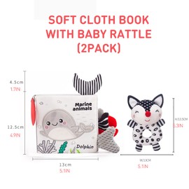 GIKOP Soft Baby Cloth Books 0-6 Months & Baby Soft Rattle Toys,3d Black And White High Contrast Crinkle Books For Infants, Sensory Books For Babies, Washable Non-Toxic Baby Stroller Book